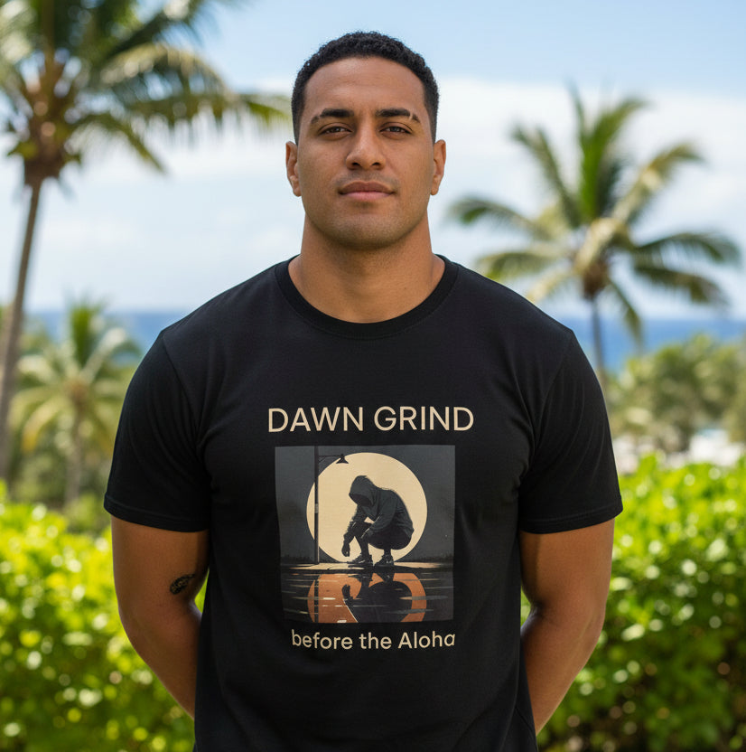 Island Grind collection featuring the Dawn Grind Before the Aloha fitness t-shirt