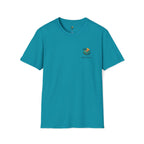 Teal t-shirt with a logo on a white background