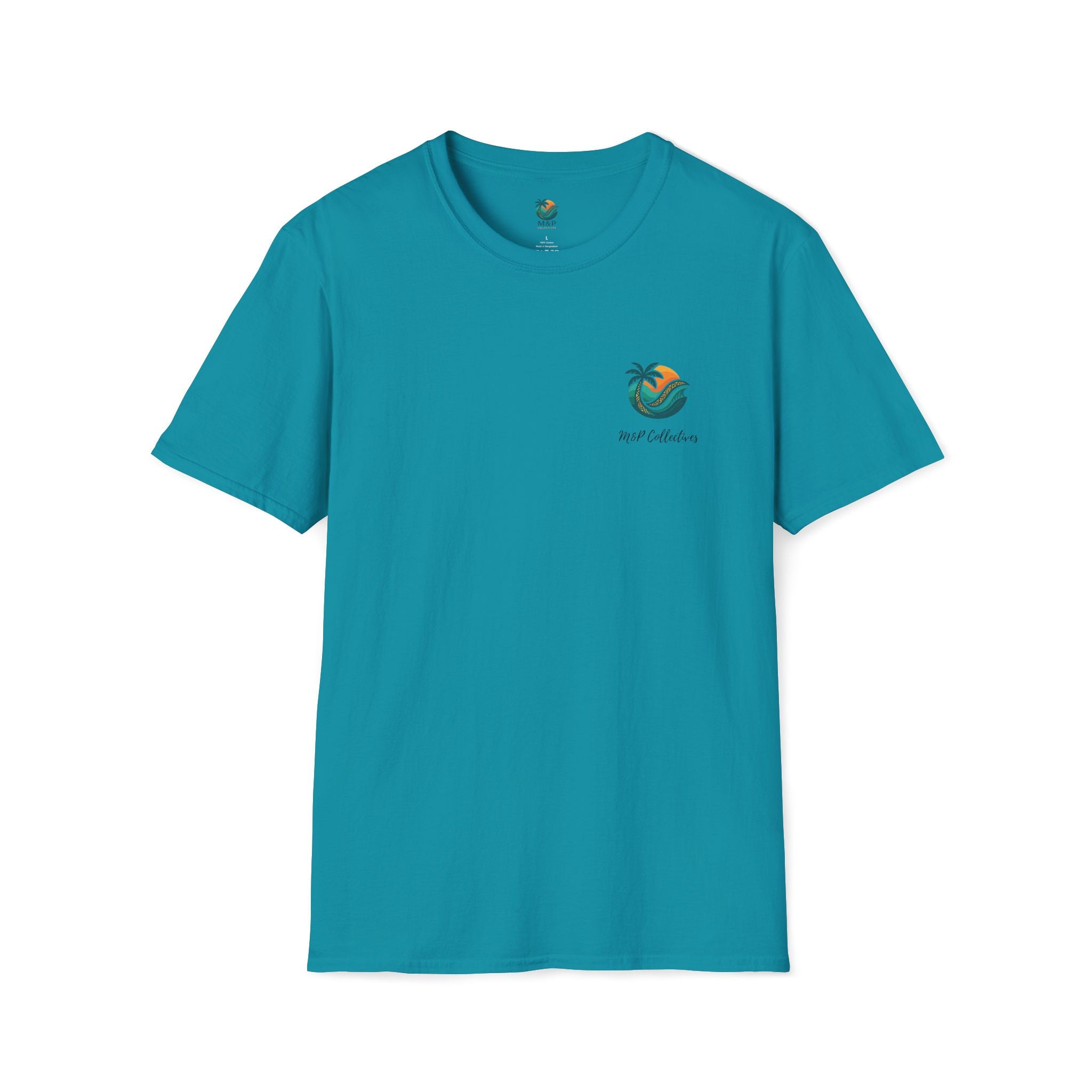 Teal t-shirt with a logo on a white background