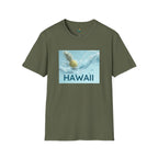 Green t-shirt with 'Hawaii' graphic on a white background