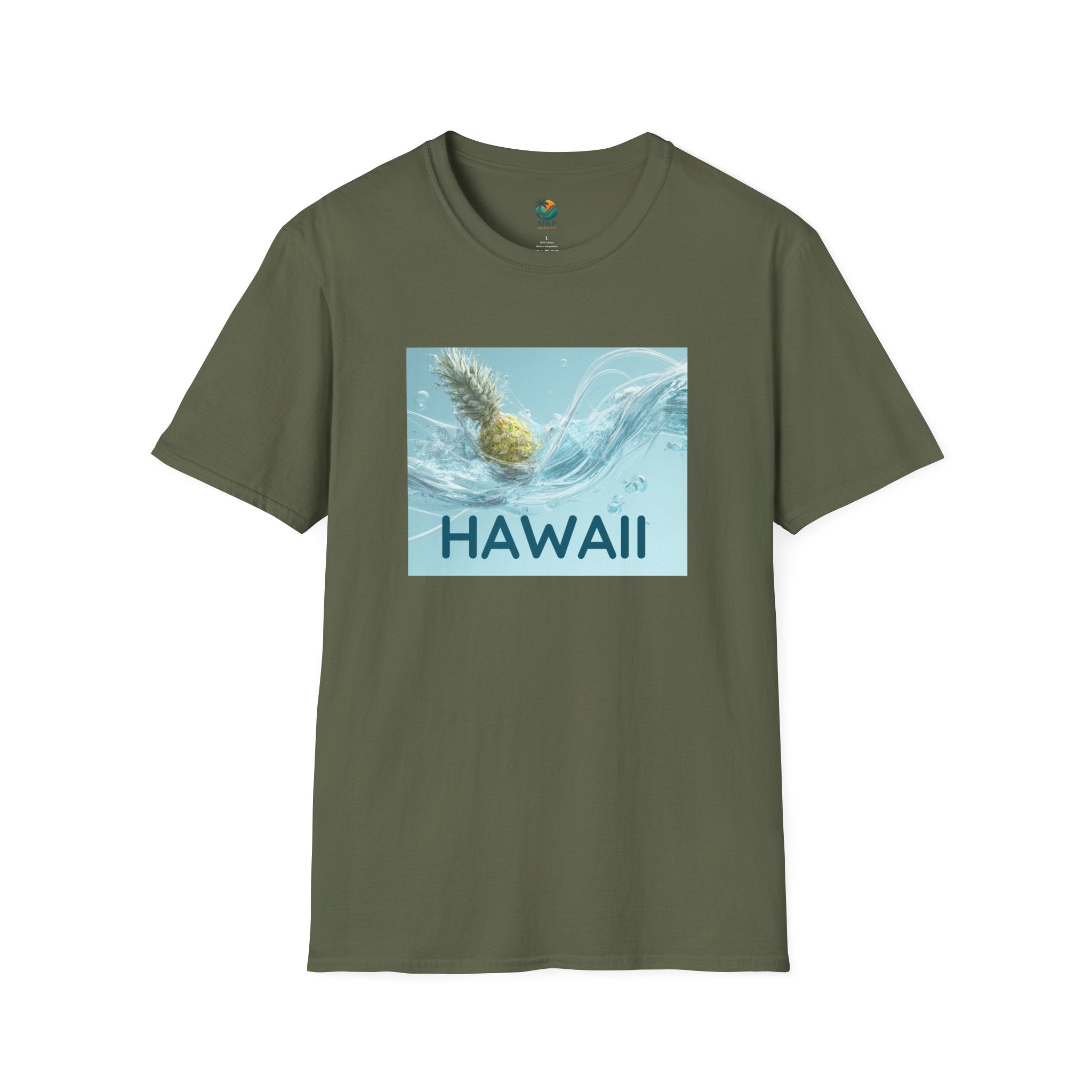 Green t-shirt with 'Hawaii' graphic on a white background