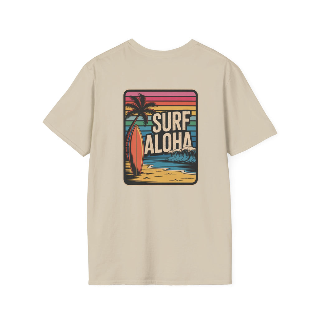 Beige t-shirt with 'Surf Aloha' graphic on a white background