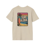 Beige t-shirt with 'Surf Aloha' graphic on a white background