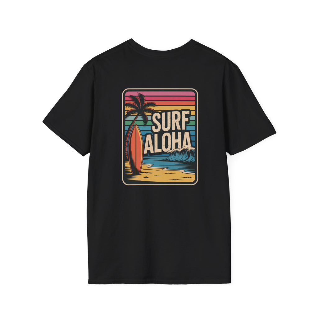 Black t-shirt with 'Surf Aloha' graphic design on a white background