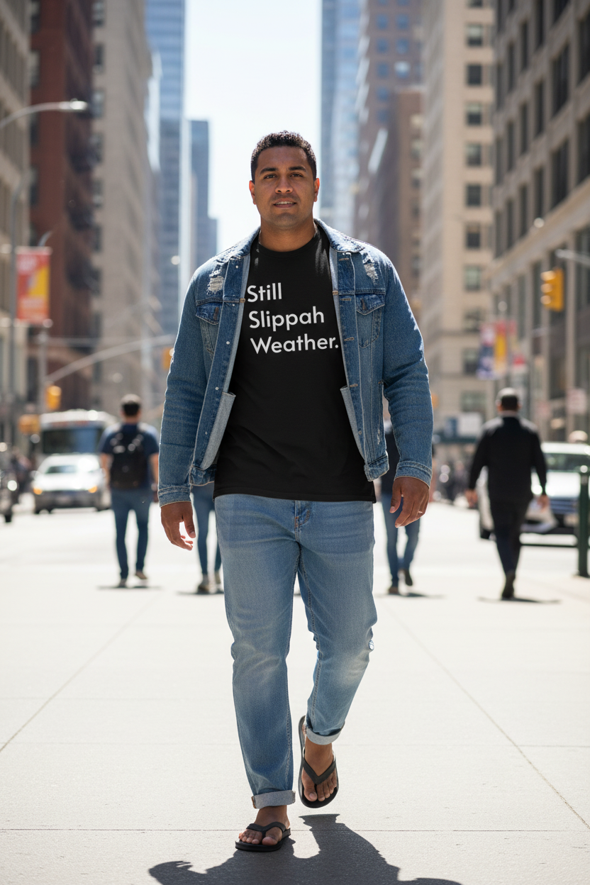 Man walking on a city street wearing a denim jacket and black t-shirt with text.