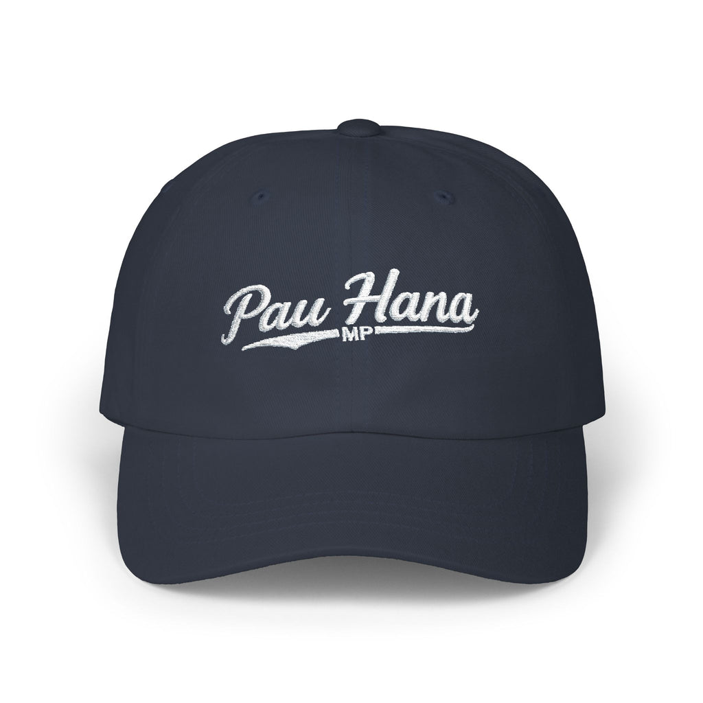 Pau Hana script logo Dad Cap | embroidered navy baseball hat by Printify