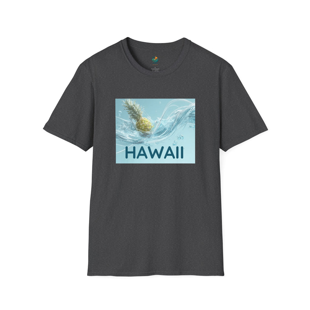 Dark gray t-shirt with 'Hawaii' graphic featuring a pineapple and ocean wave on a white background