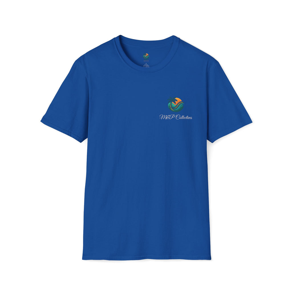 Blue t-shirt with a logo on a white background