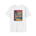 White t-shirt with 'Surf Aloha' graphic design on a white background