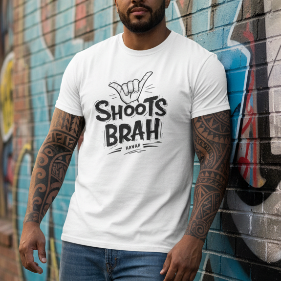 Man wearing a white t-shirt with 'SHOOTS BRAH' text against a graffiti wall.