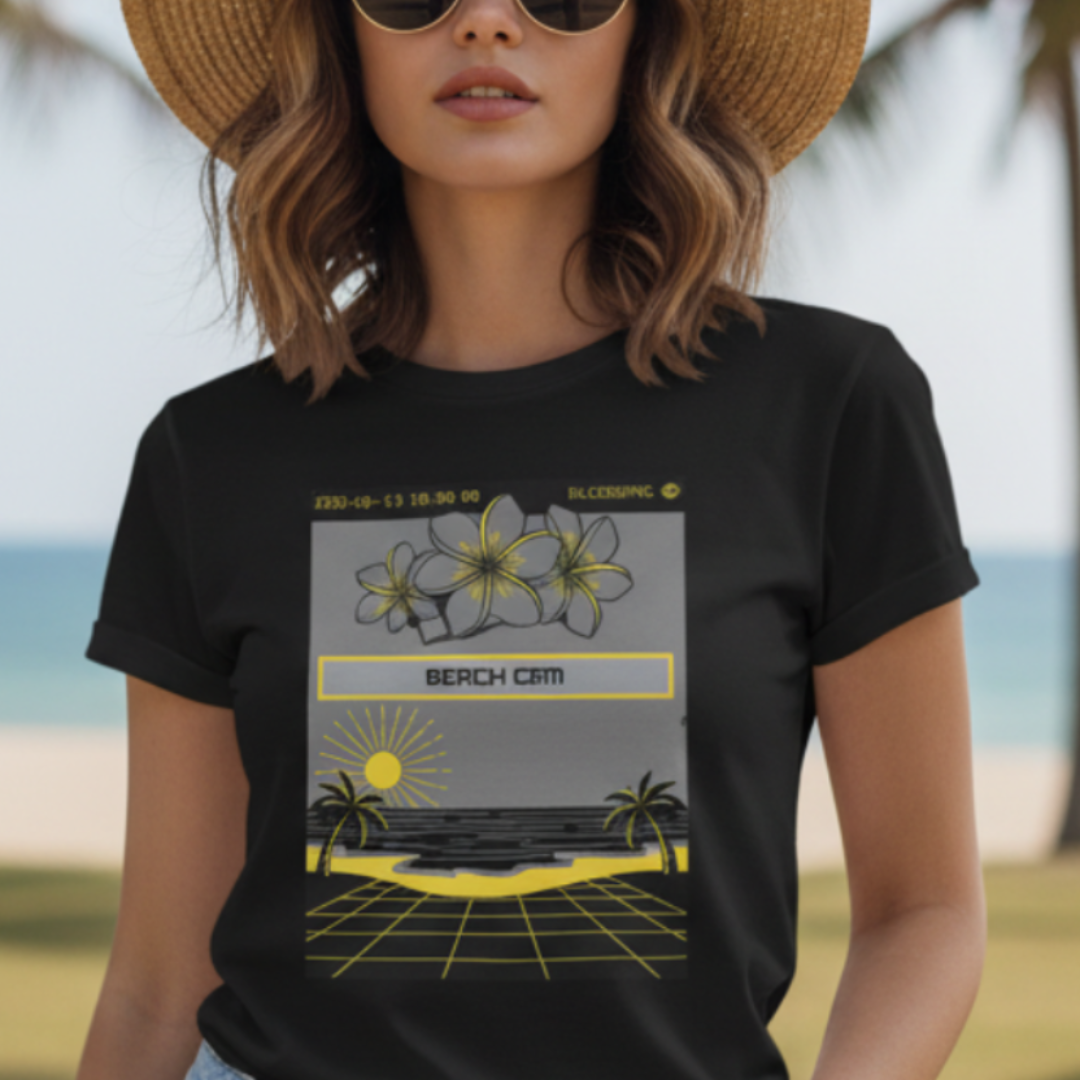 Person wearing a black t-shirt with a beach-themed graphic design, standing in front of a blurred beach background.