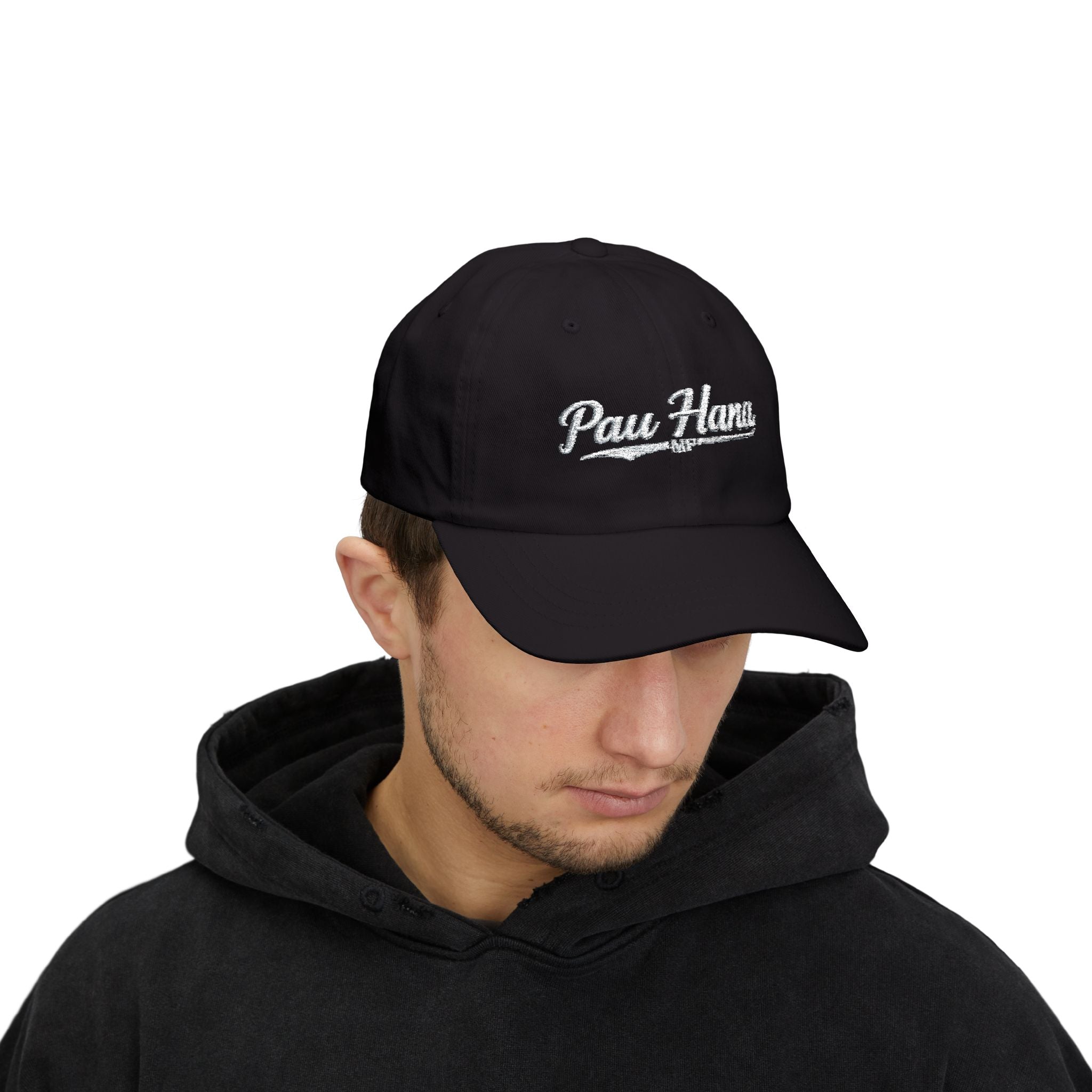 Pau Hana script logo Dad Cap | embroidered navy baseball hat by Printify