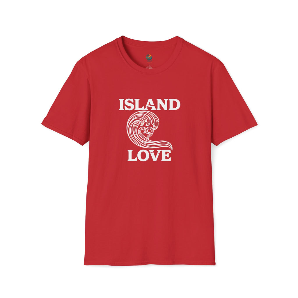 Red t-shirt with 'Island Love' text and wave graphic on a white background