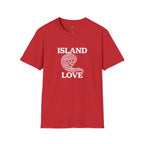 Red t-shirt with 'Island Love' text and wave graphic on a white background