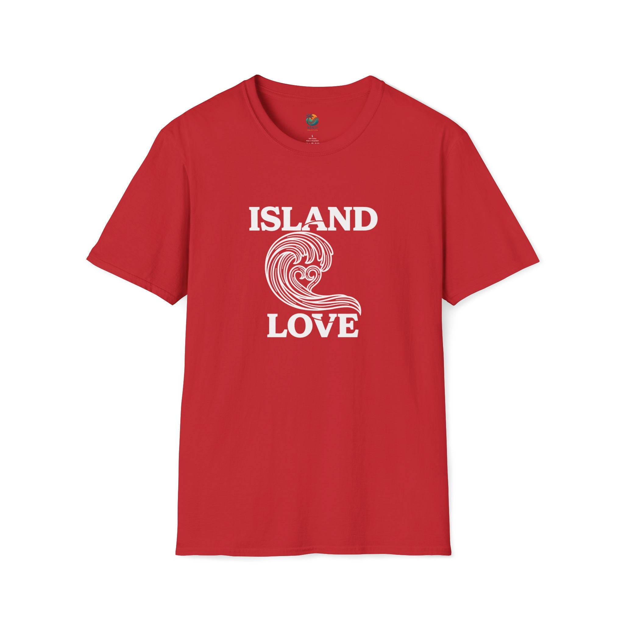 Red t-shirt with 'Island Love' text and wave graphic on a white background