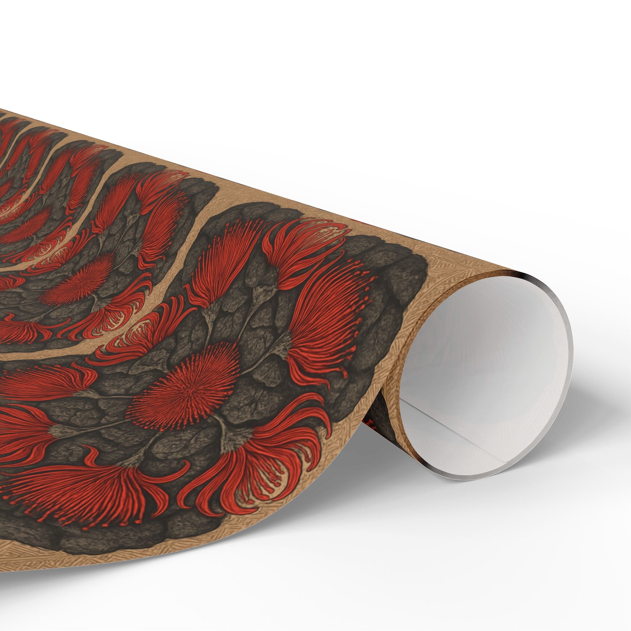 Red Ohia Pattern Wrapping Paper | Kraft Background, Repeating Bloom Print