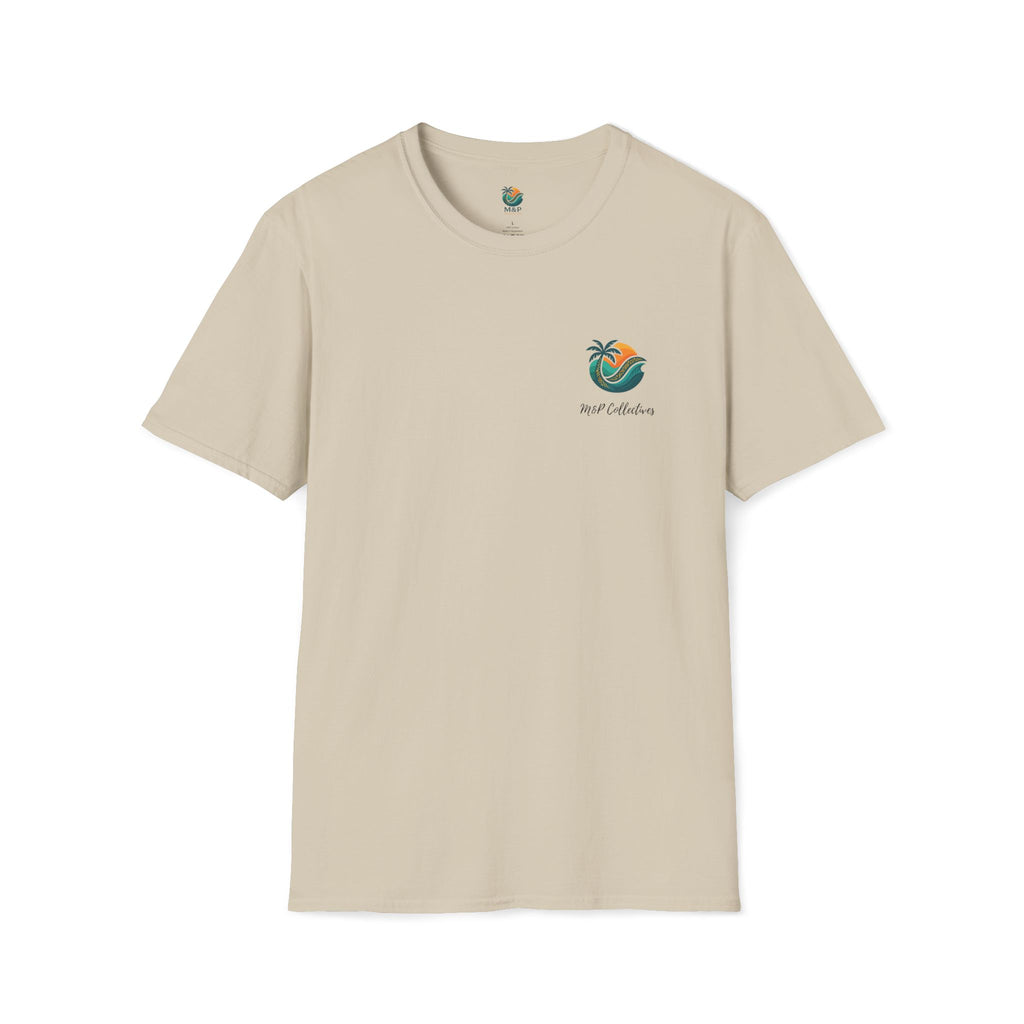 Beige t-shirt with a logo on the chest against a white background