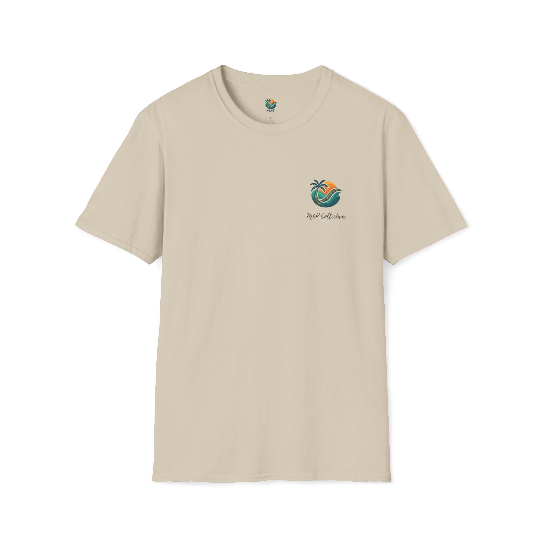 Beige t-shirt with a logo on the chest against a white background