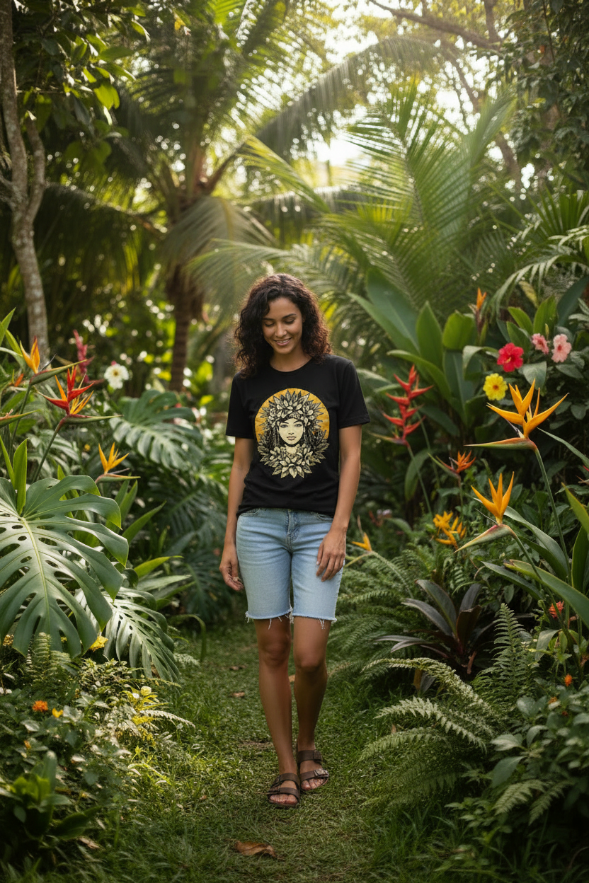 Person wearing a black t-shirt with a graphic design of a woman's face surrounded by flowers.