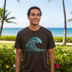 Brown t-shirt with a blue wave design on a white background