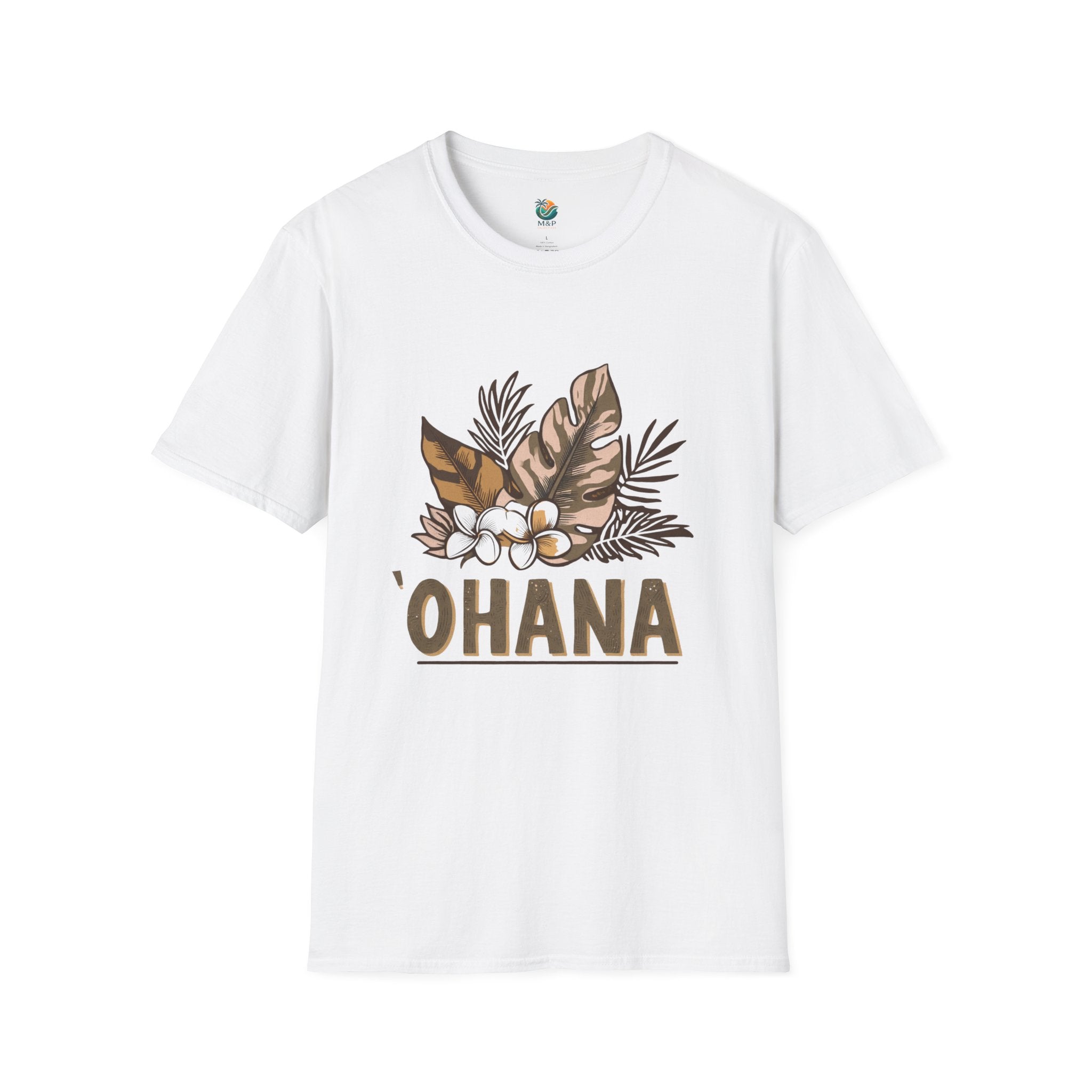 White t-shirt with 'OHANA' design featuring leaves and flowers on a white background