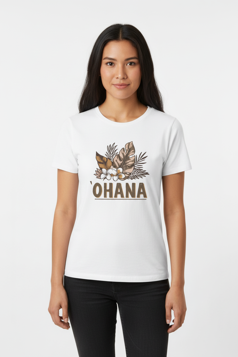 Woman wearing a white t-shirt with 'Ohana' design on a white background