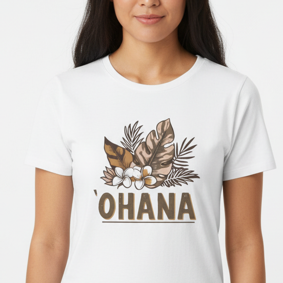 Woman wearing a white t-shirt with 'Ohana' design on a white background