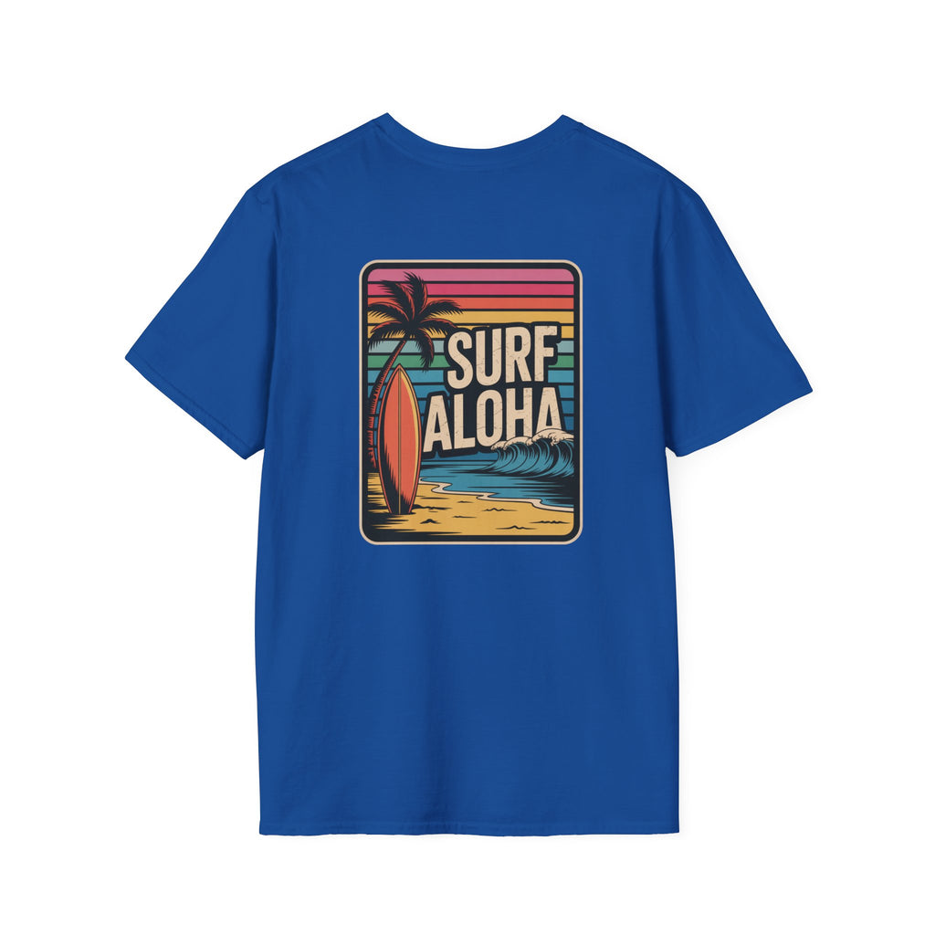 Blue t-shirt with 'Surf Aloha' graphic on a white background