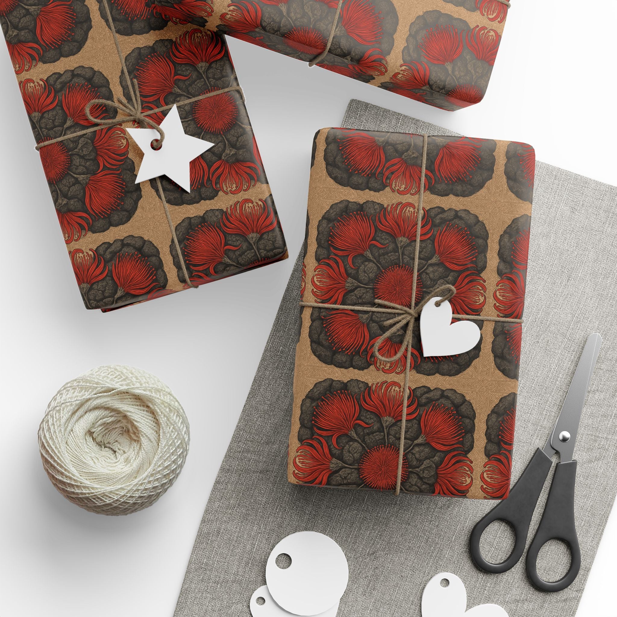 Red Ohia Pattern Wrapping Paper | Kraft Background, Repeating Bloom Print