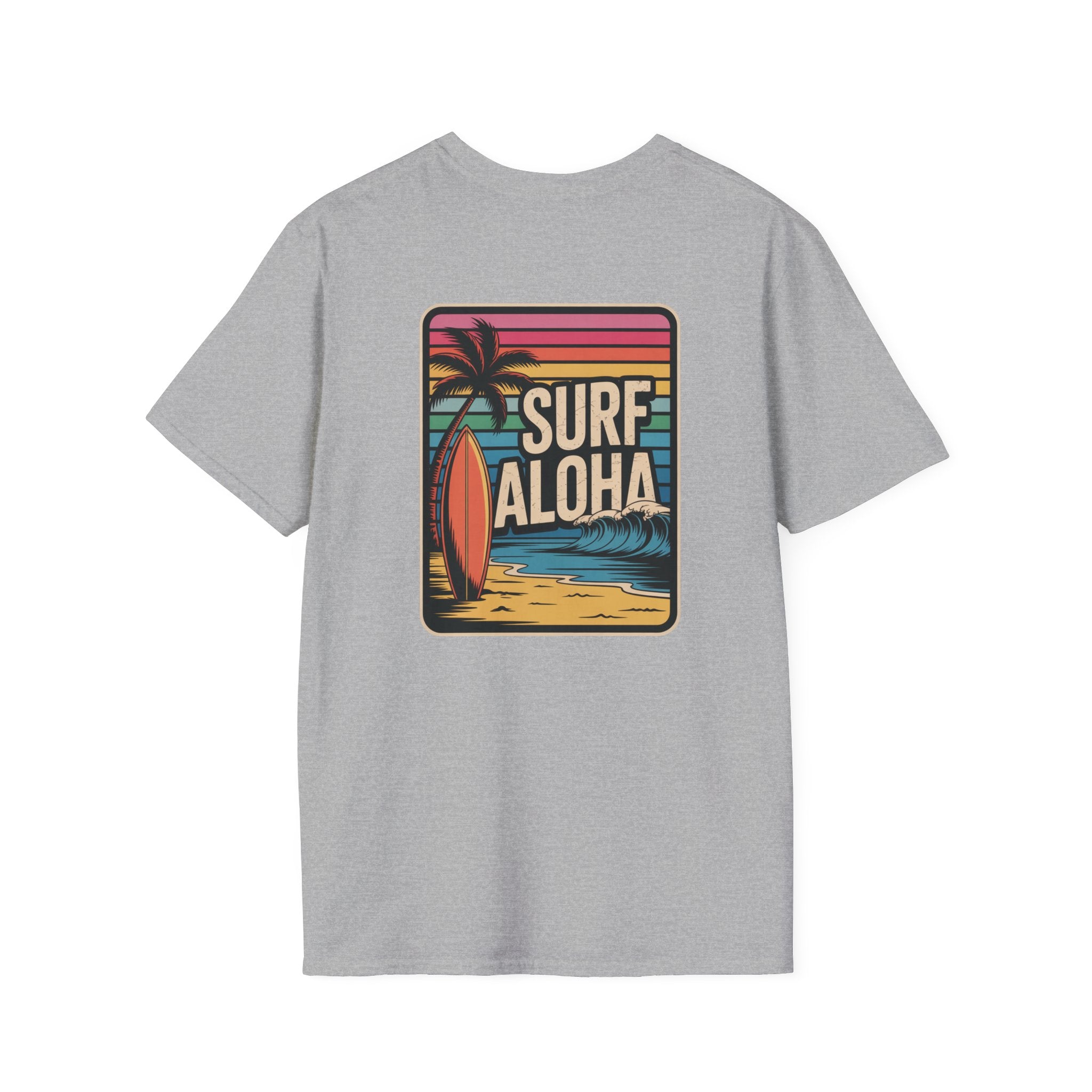 Gray t-shirt with a 'Surf Aloha' graphic on a white background