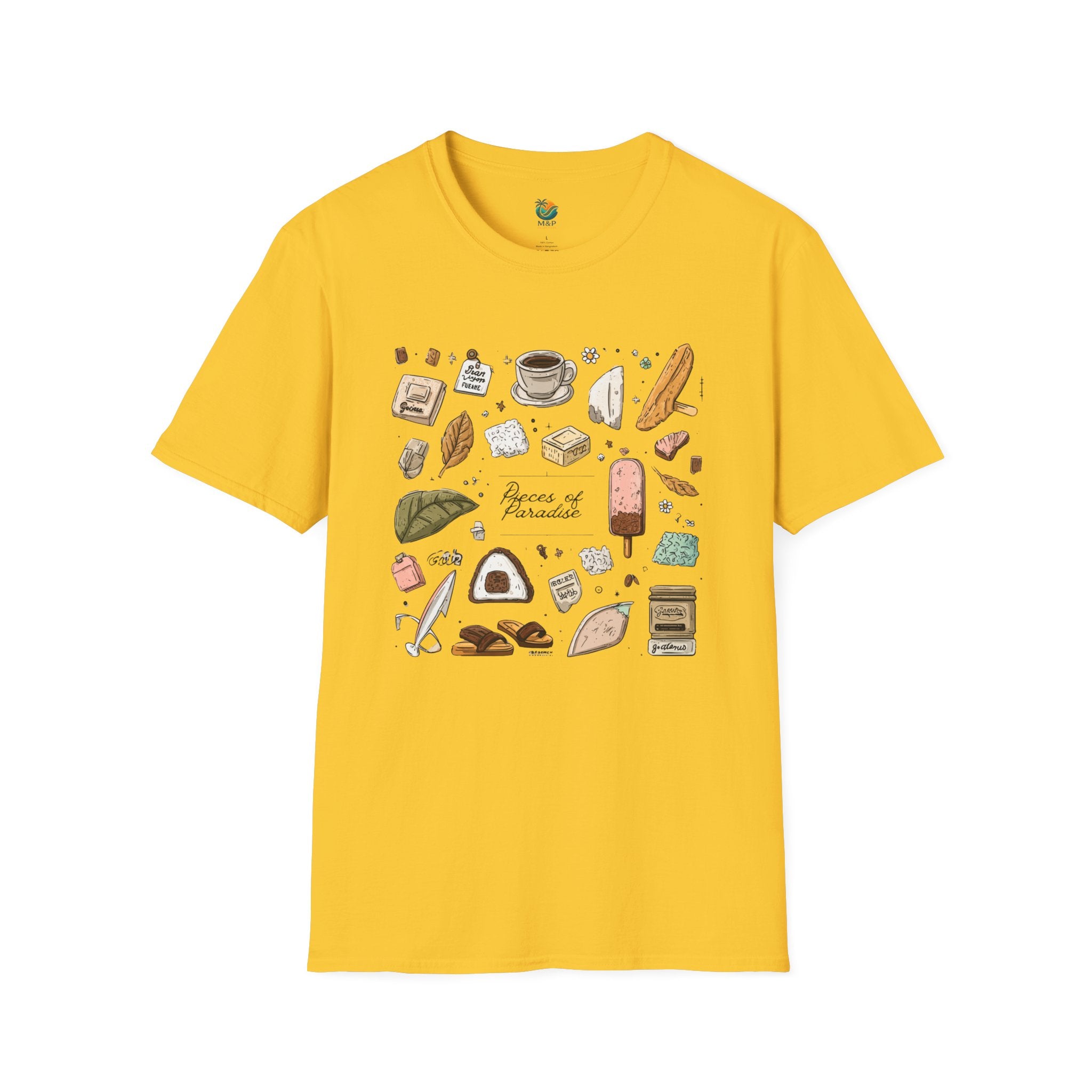 Yellow t-shirt with colorful graphics on a white background