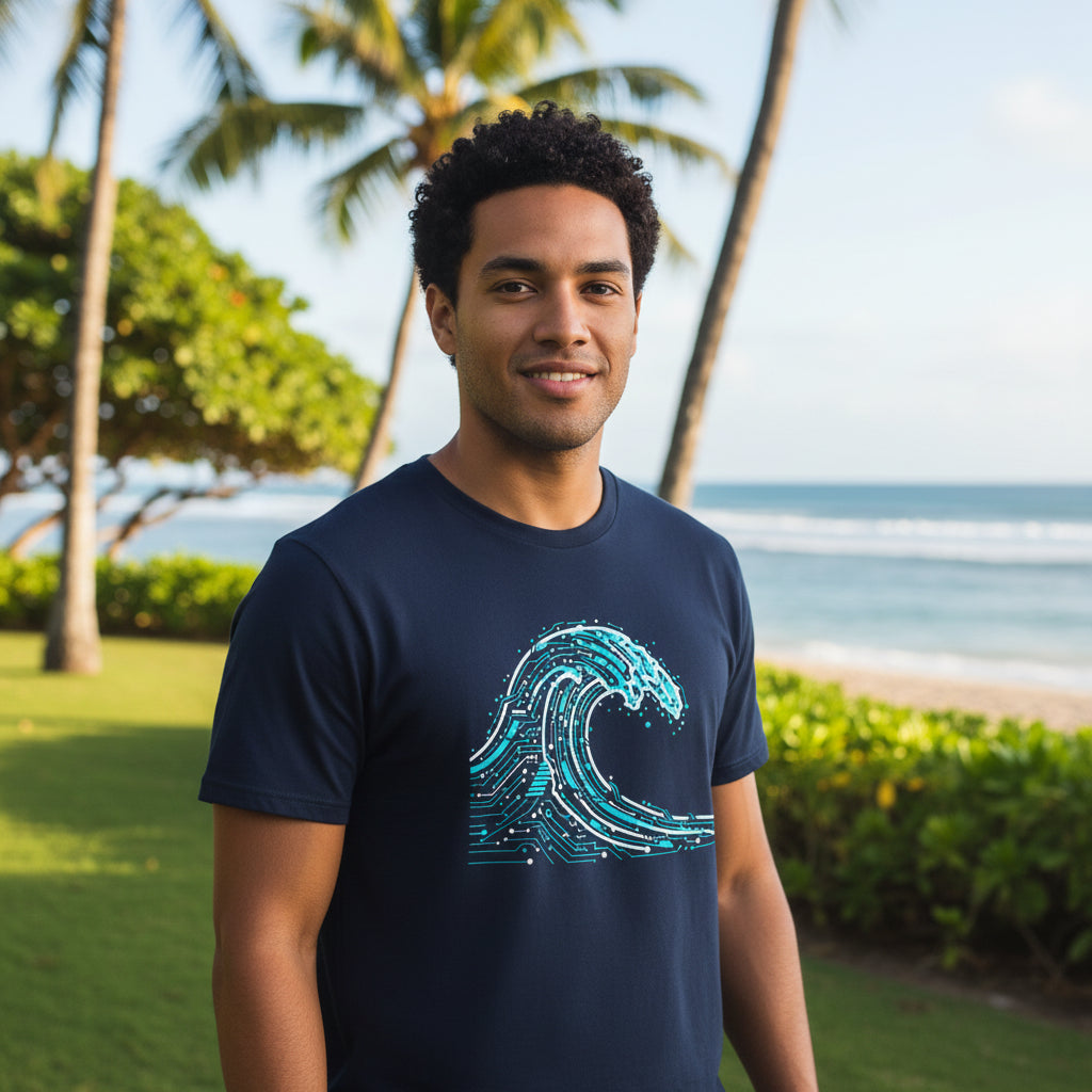 Navy blue t-shirt with a wave design on a white background