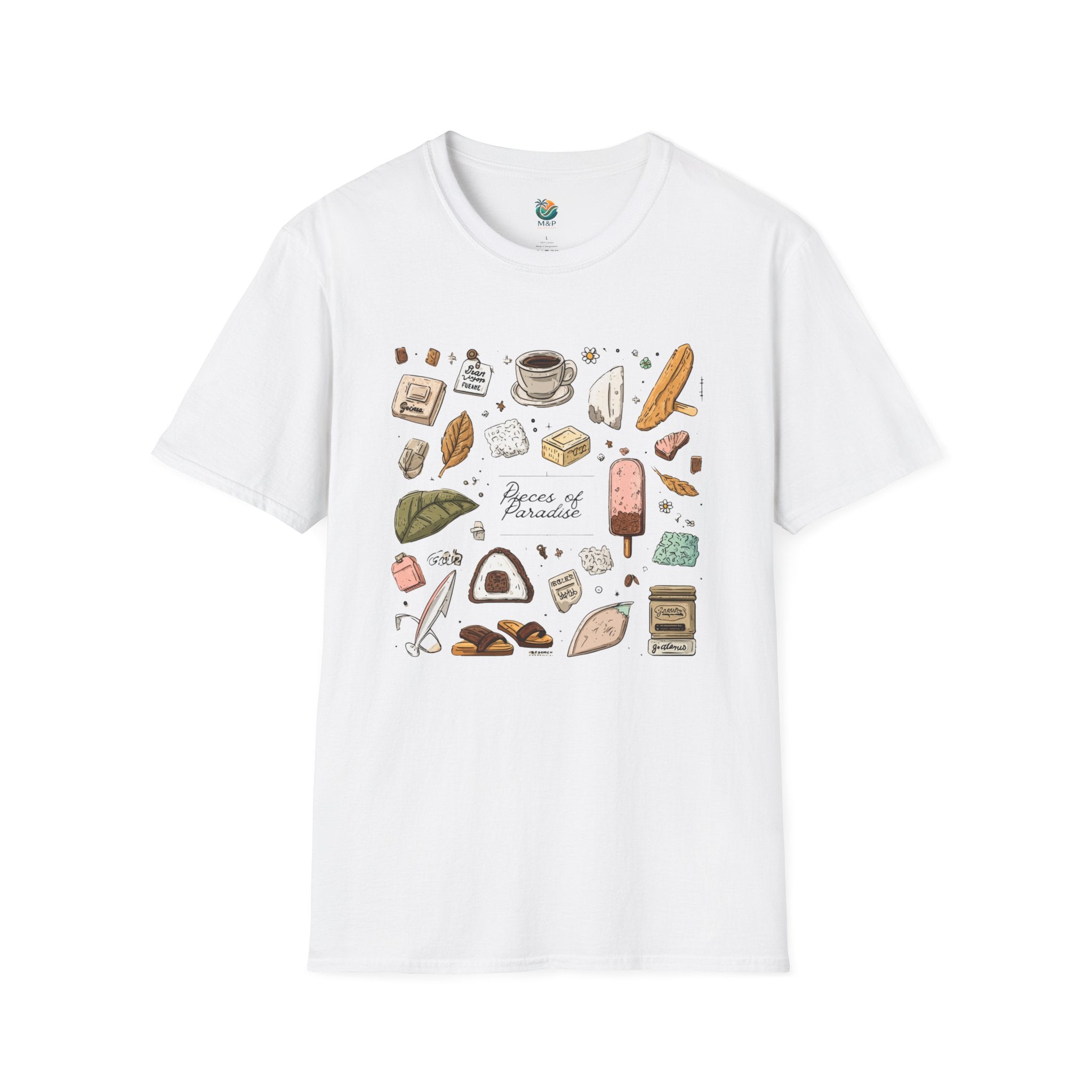 White t-shirt with colorful illustrations on a white background
