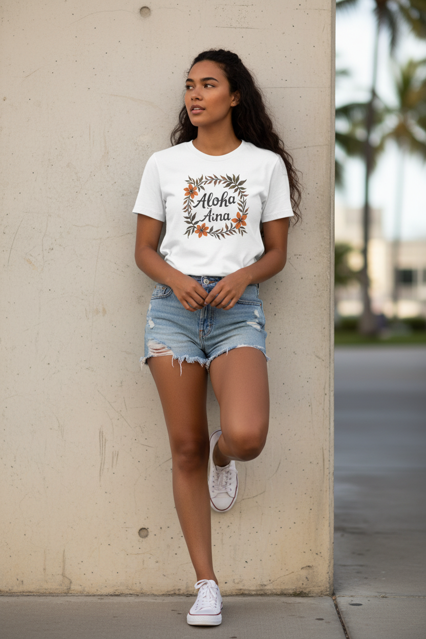 Woman wearing a white t-shirt with floral design and text, standing against a beige wall.