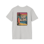 White t-shirt with 'Surf Aloha' graphic design on a white background