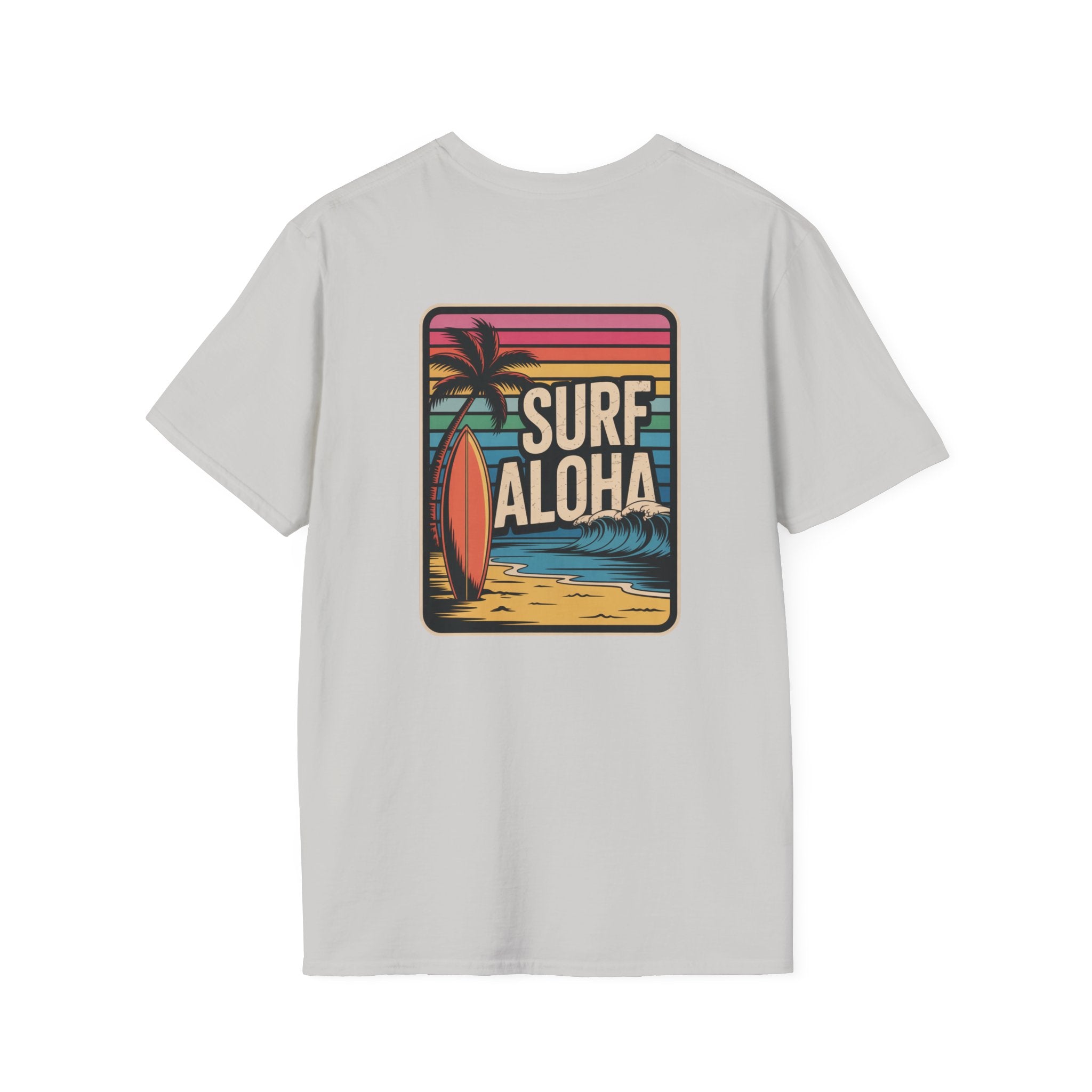 White t-shirt with 'Surf Aloha' graphic design on a white background