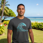 Gray t-shirt with a blue wave design on a white background