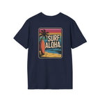 Navy blue t-shirt with 'Surf Aloha' graphic on a white background