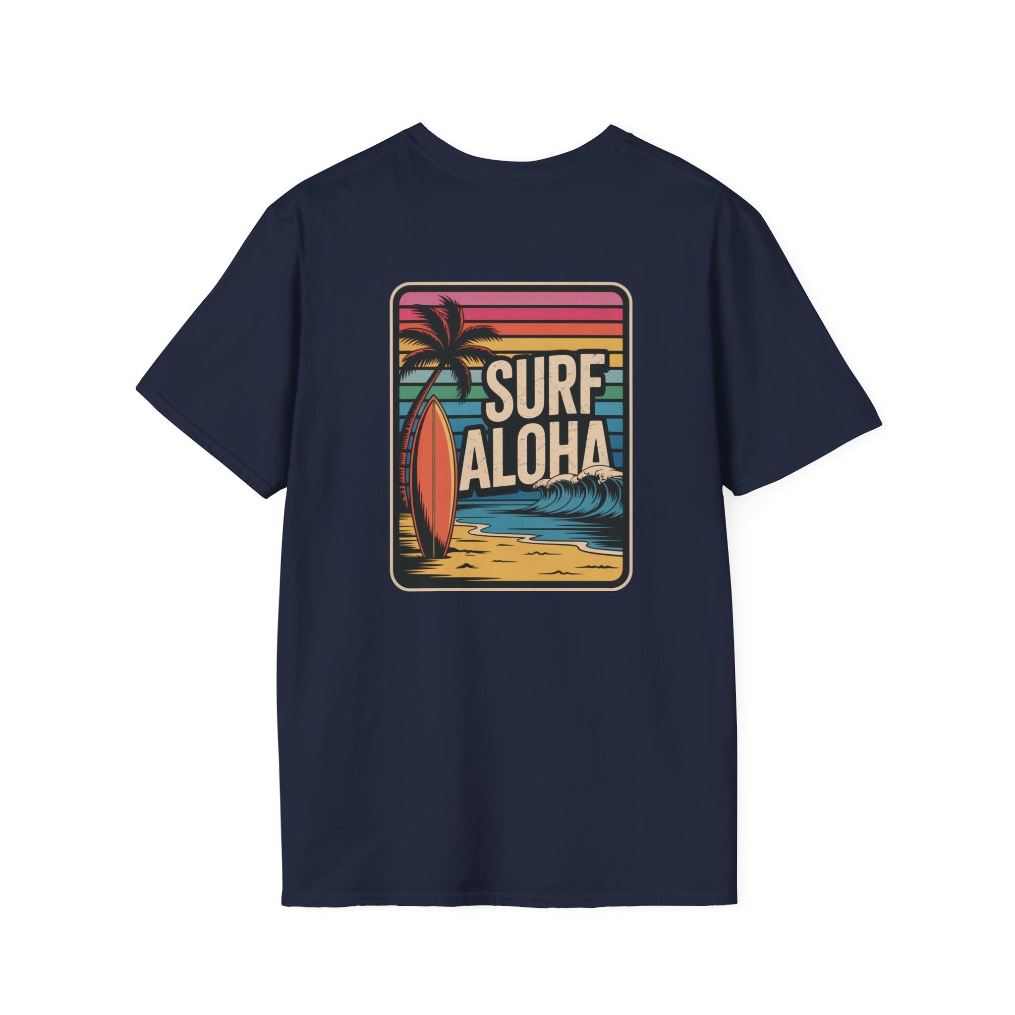 Navy blue t-shirt with 'Surf Aloha' graphic on a white background