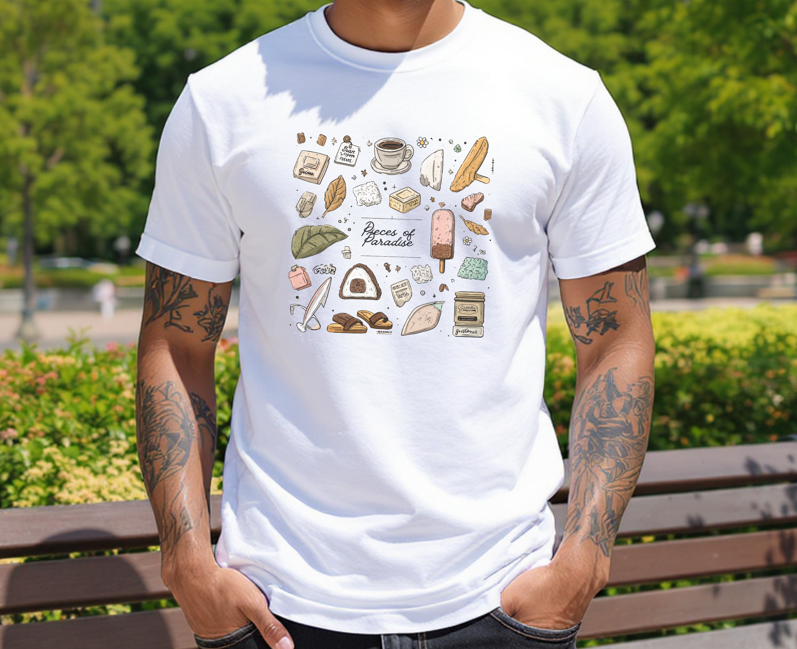 Person wearing a white t-shirt with colorful graphics in an outdoor setting