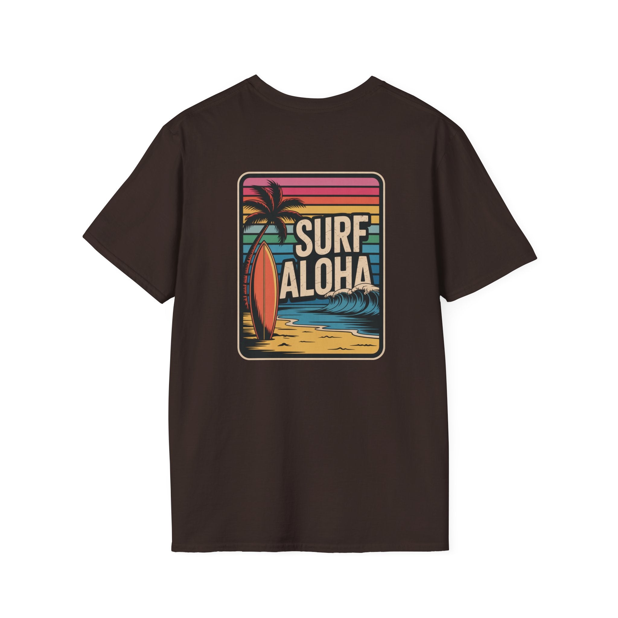 Black t-shirt with 'Surf Aloha' graphic design on a white background