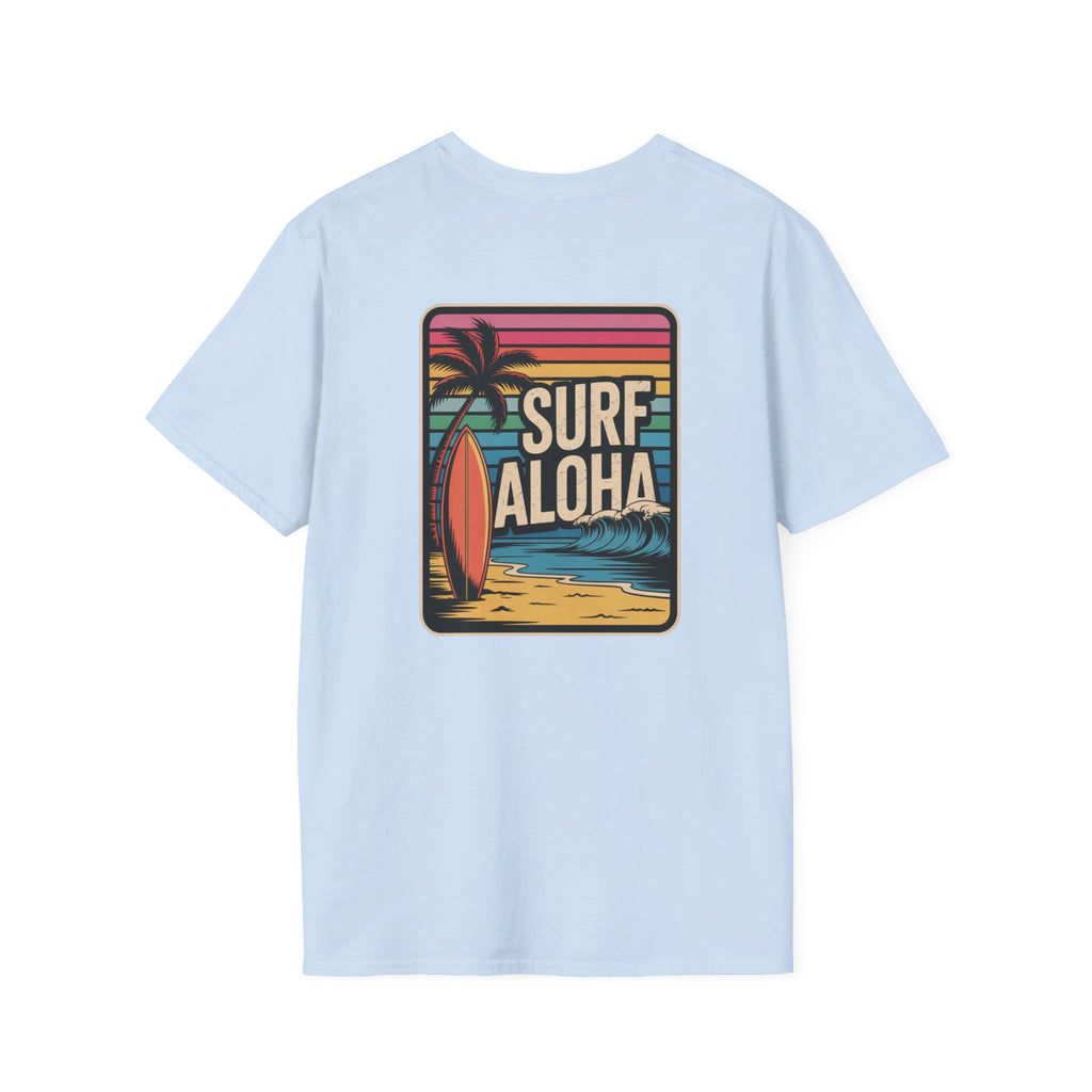 Light blue t-shirt with 'Surf Aloha' graphic on a white background