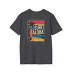 Black t-shirt with 'Surf Aloha' graphic design on a white background