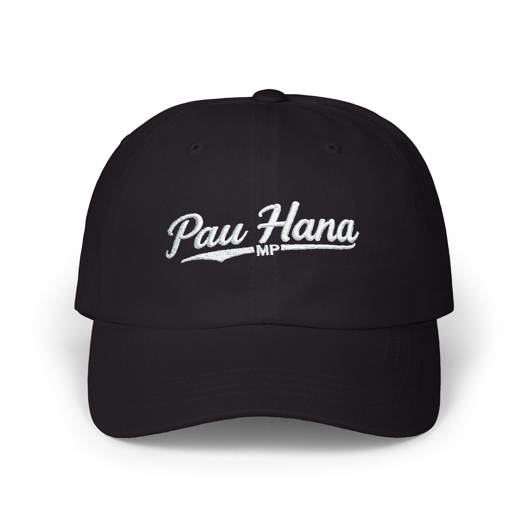 Pau Hana script logo Dad Cap | embroidered navy baseball hat by Printify