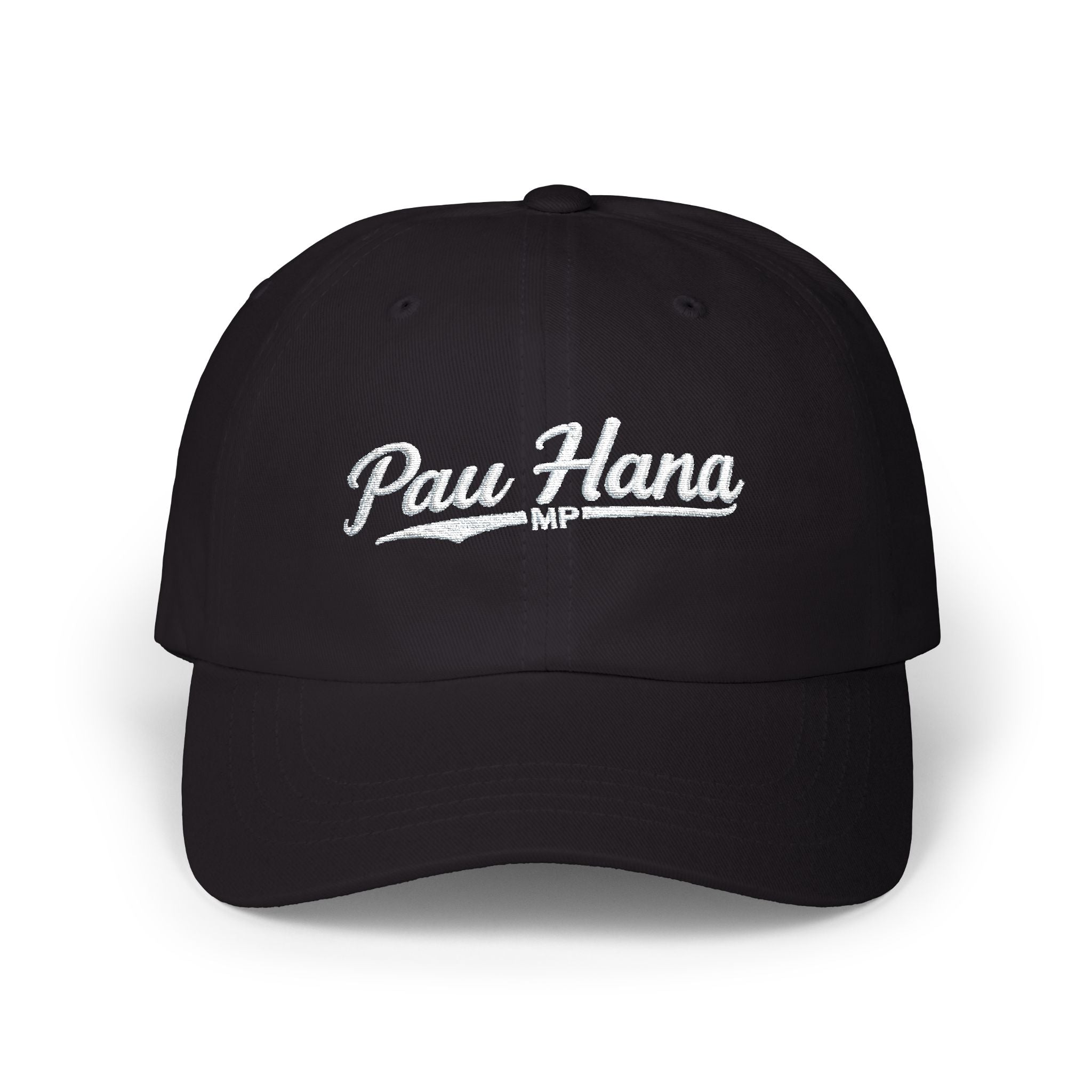 Pau Hana script logo Dad Cap | embroidered navy baseball hat by Printify