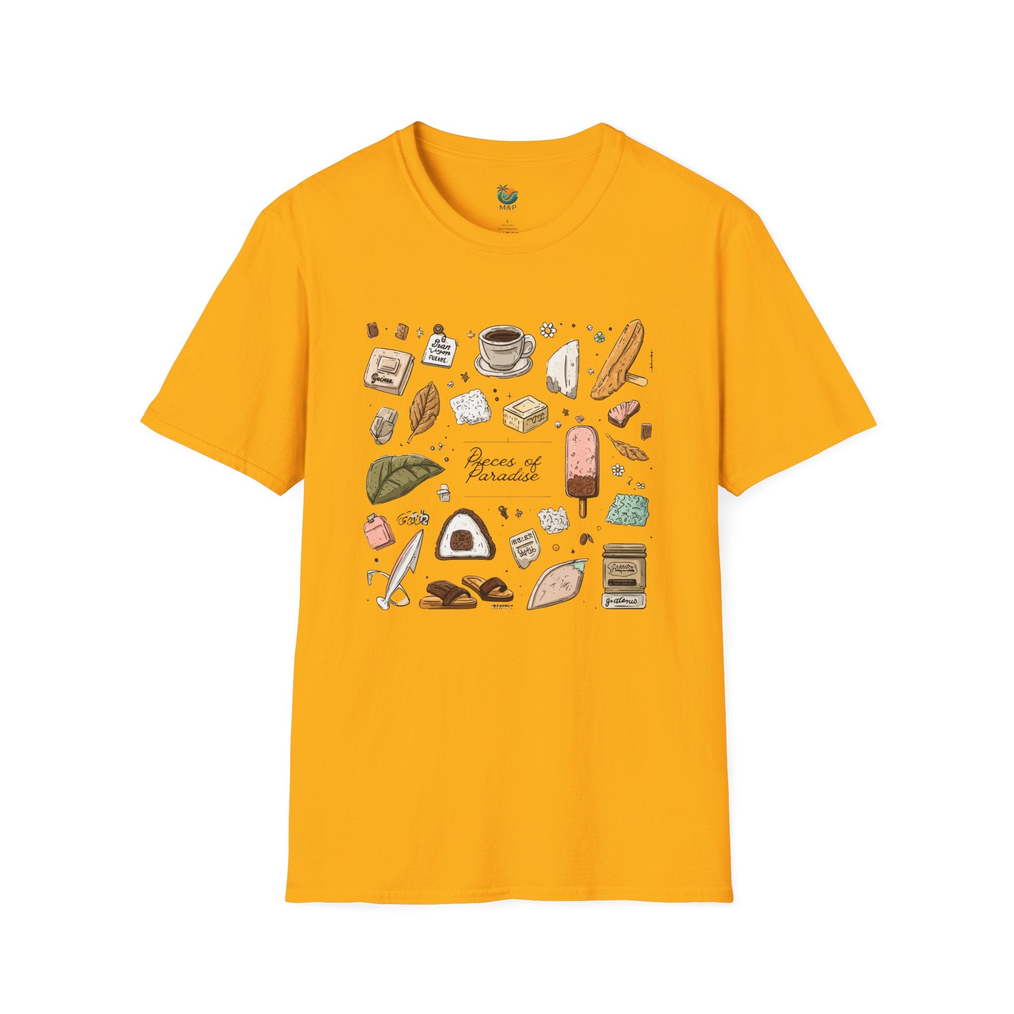 Yellow t-shirt with food illustrations on a white background