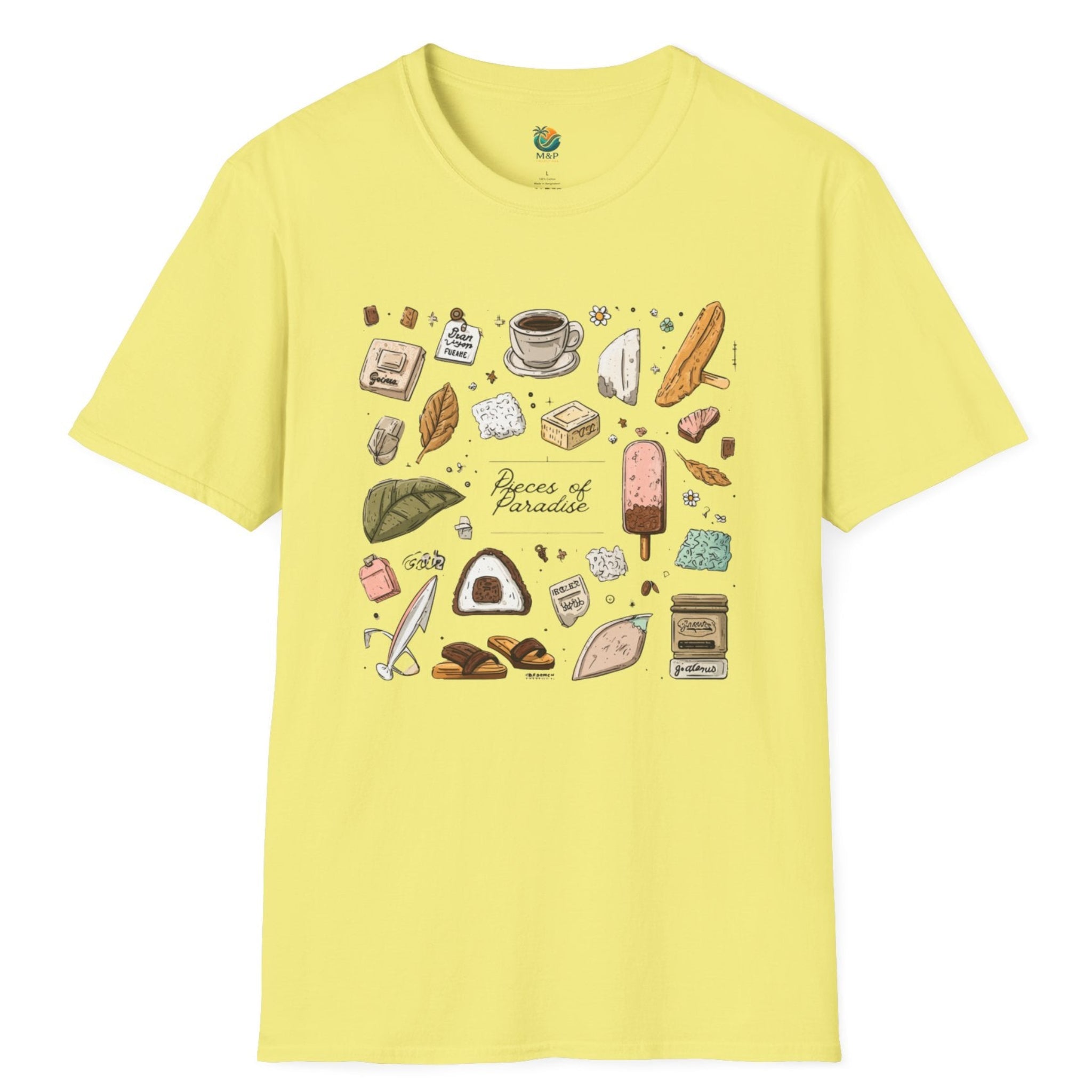 Yellow t-shirt with colorful graphic design on a white background