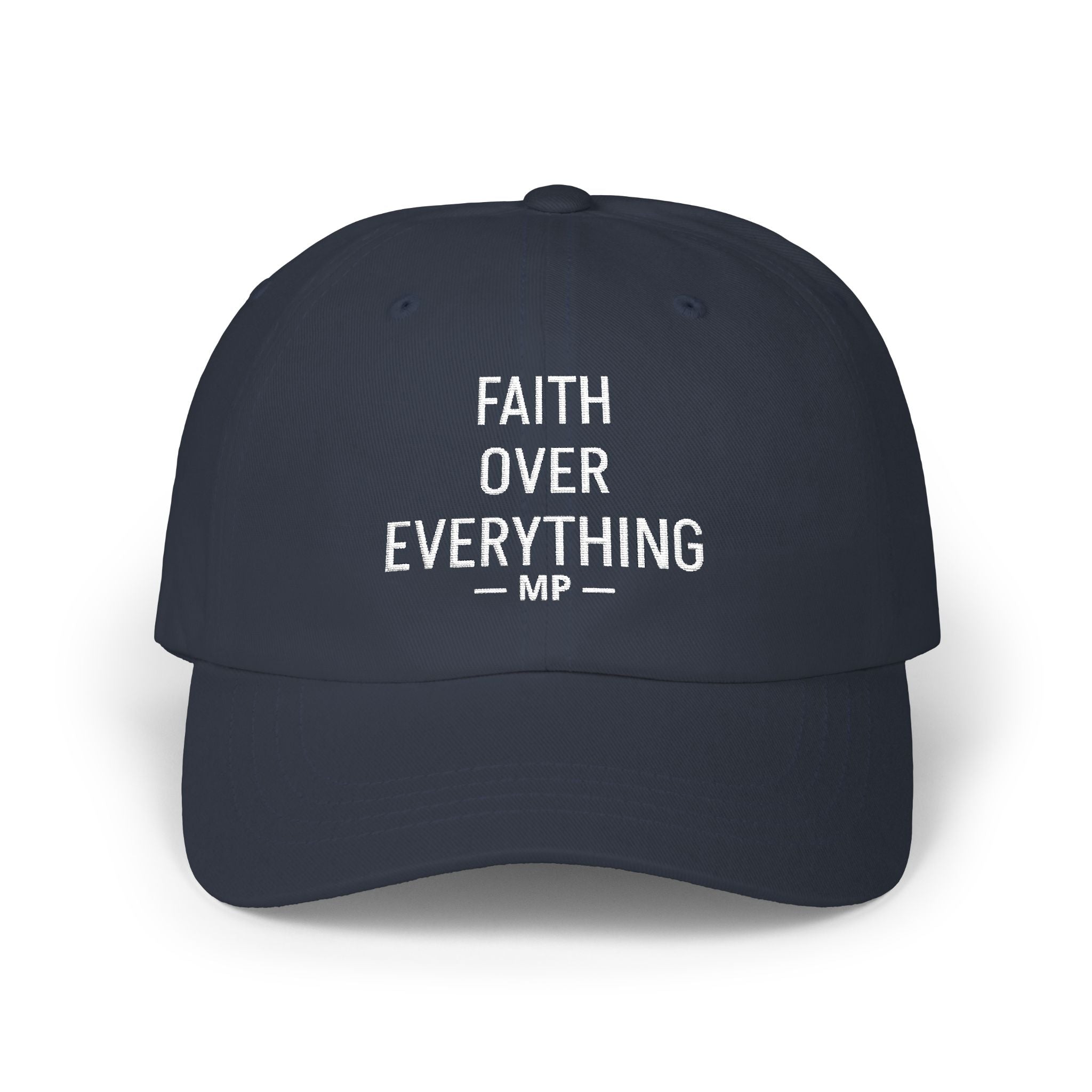 Faith Over Everything dad cap | embroidered navy baseball hat by Printify