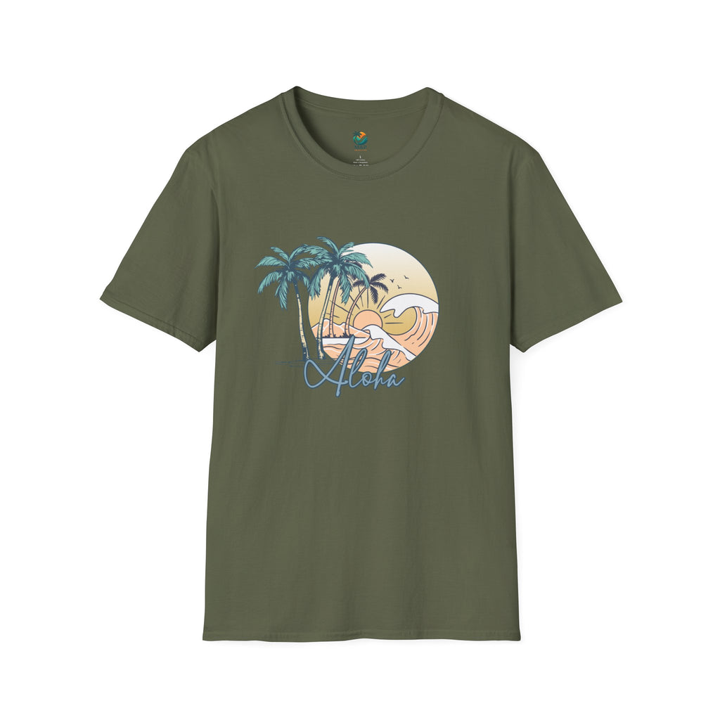 Aloha Sunset T-Shirt | Tropical Beach Palm Silhouette, Retro Sunset Tee