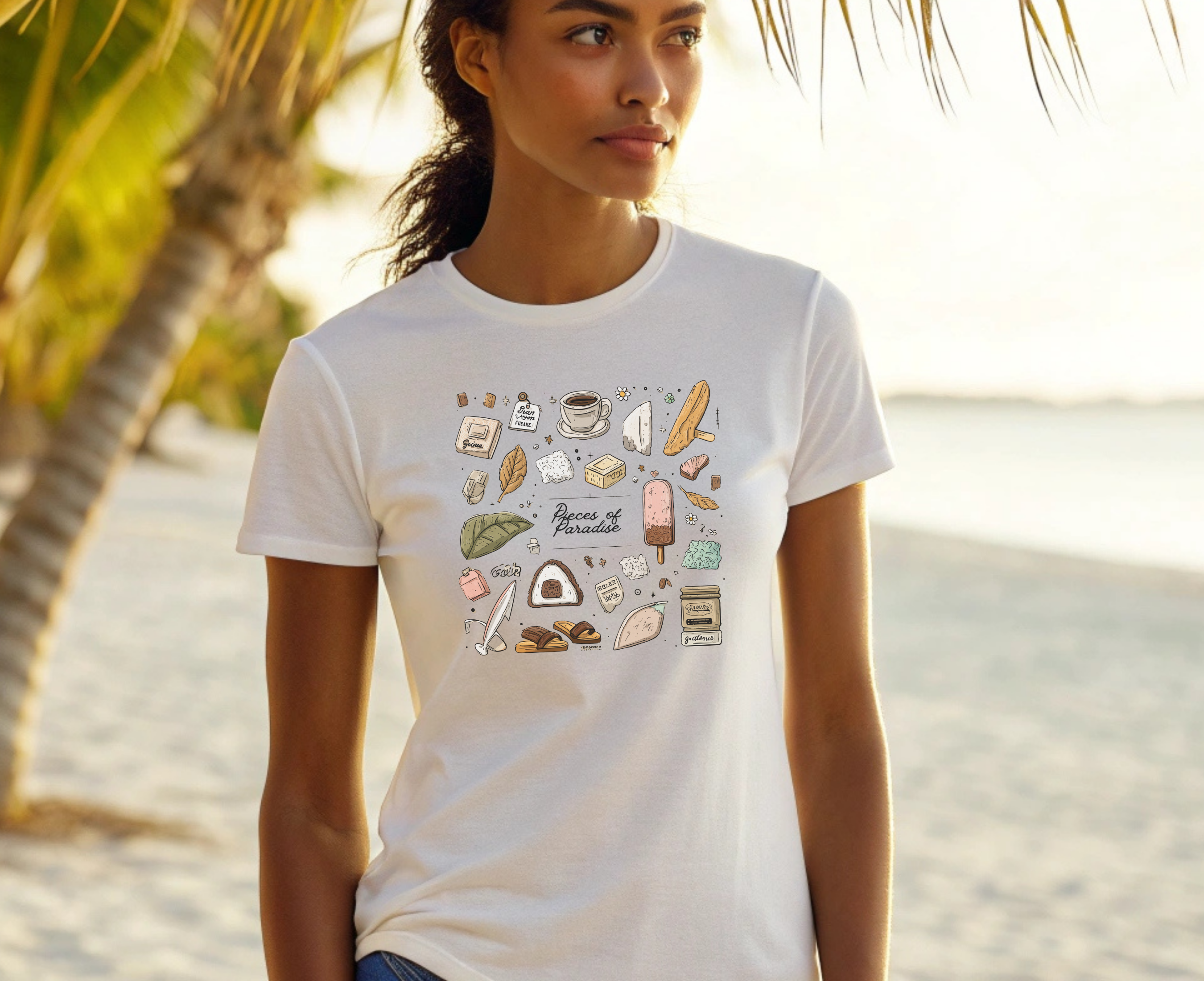 Woman wearing a white t-shirt with colorful graphics on a beach